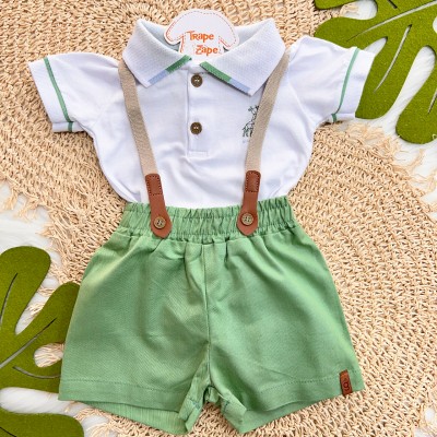 Conj. Body Gola Polo e Bermuda com Suspensório - Off White e Verde Conj. Body Gola Polo e Bermuda com Suspensório - Off White e Verde